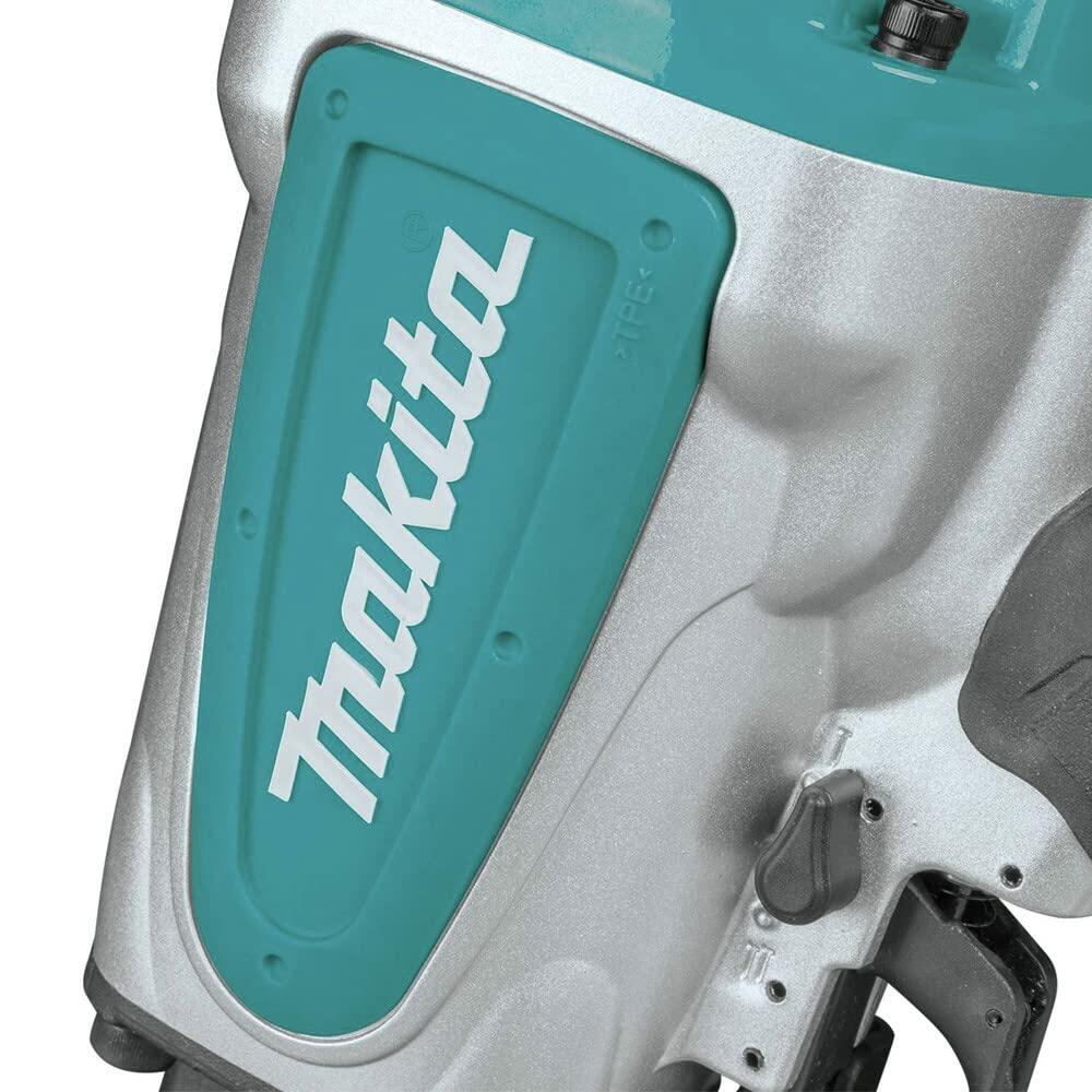 Close-up of the Makita logo plate on the silver housing of the framing nailer.