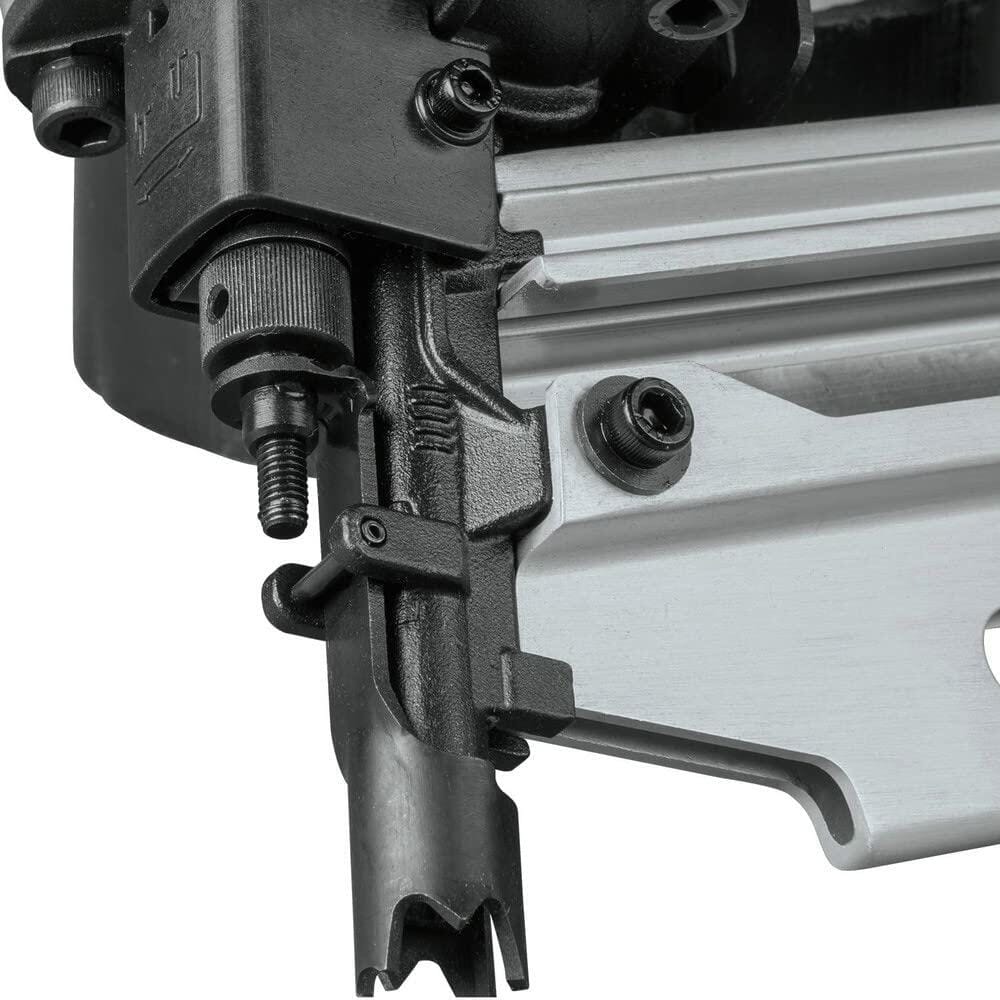 Close-up of the front of the nosepiece and the adjustable depth control knob on the Makita AN924 framing nailer.