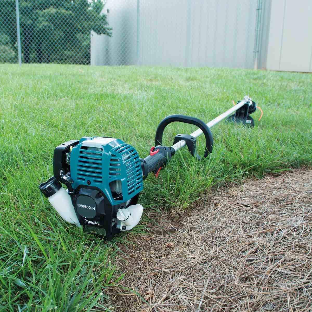 Makita gas-powered string trimmer lying on grassy lawn near dry grass. Teal and black engine housing with Makita branding visible. Loop handle and straight shaft shown near chain-link fence.