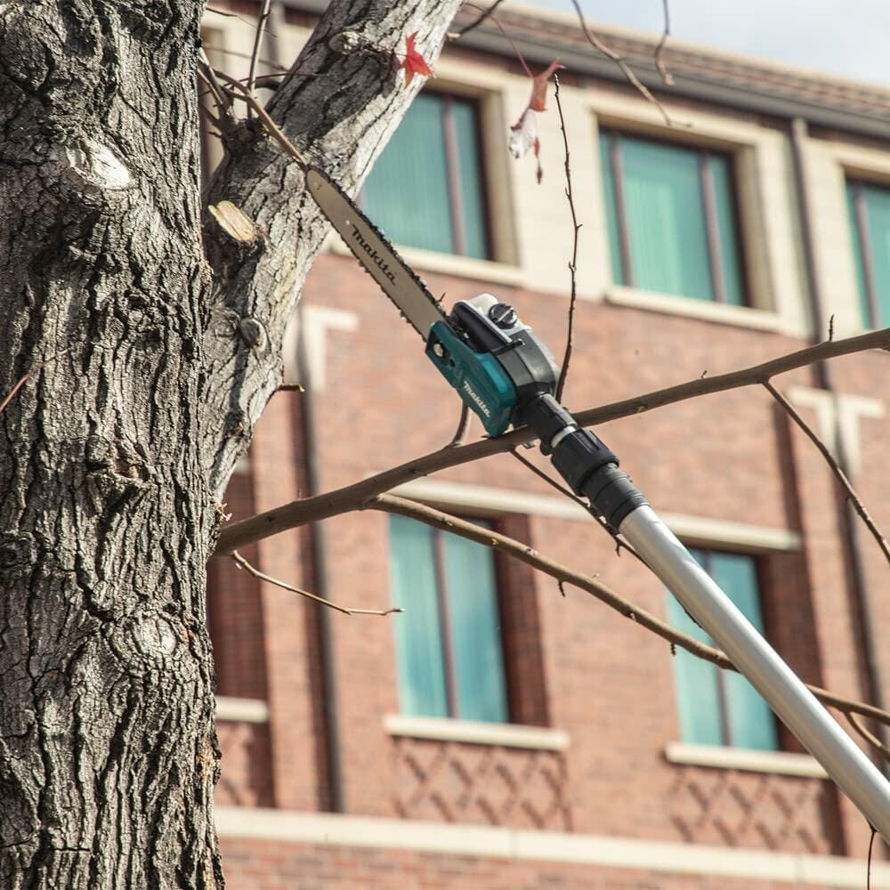 The Makita XAU02 telescoping pole saw in use, extended to cut a high branch off a thick tree trunk.