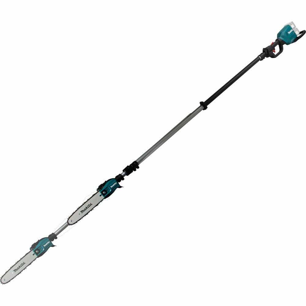 A studio image showing the Makita pole saw in both its shortest 9-foot and longest 13-foot telescoping positions for comparison.
