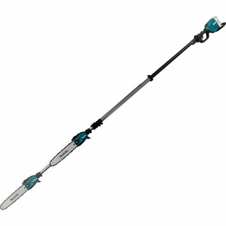 A studio image showing the Makita pole saw in both its shortest 9-foot and longest 13-foot telescoping positions for comparison.