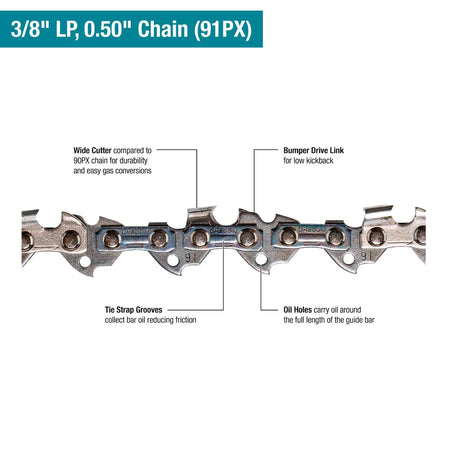 technical infographic of the 3/8-inch LP, 0.050-inch gauge saw chain, detailing features like the wide cutter, oil holes, and bumper drive link.