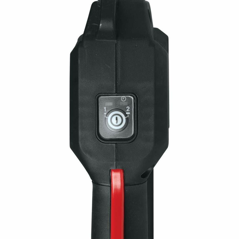 A close-up of the power switch and control panel on the handle of the Makita pole saw.