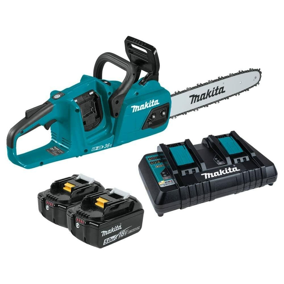 A studio image of the complete Makita XCU07PT chainsaw kit, including the tool, two 18V LXT 5.0Ah batteries, and the dual-port rapid charger.