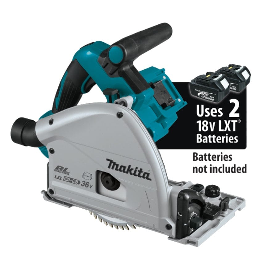 Makita XPS01Z plunge circular saw with visible 6-1/2" blade, silver and teal housing, and adjustment levers. Labels indicate dual 18V LXT battery operation (36V total), brushless motor, and "Batteries not included." Batteries shown separately in top corner for reference.