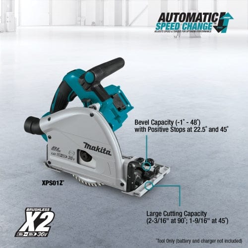 Makita XPS01Z brushless cordless plunge circular saw displayed in a clean industrial setting. Labels highlight "AUTOMATIC SPEED CHANGE™," bevel range (-1° to 48°), and cutting depth (2-3/16" at 90°, 1-9/16" at 45°). Tool shown without batteries, emphasizing professional-grade build and precision cutting features.