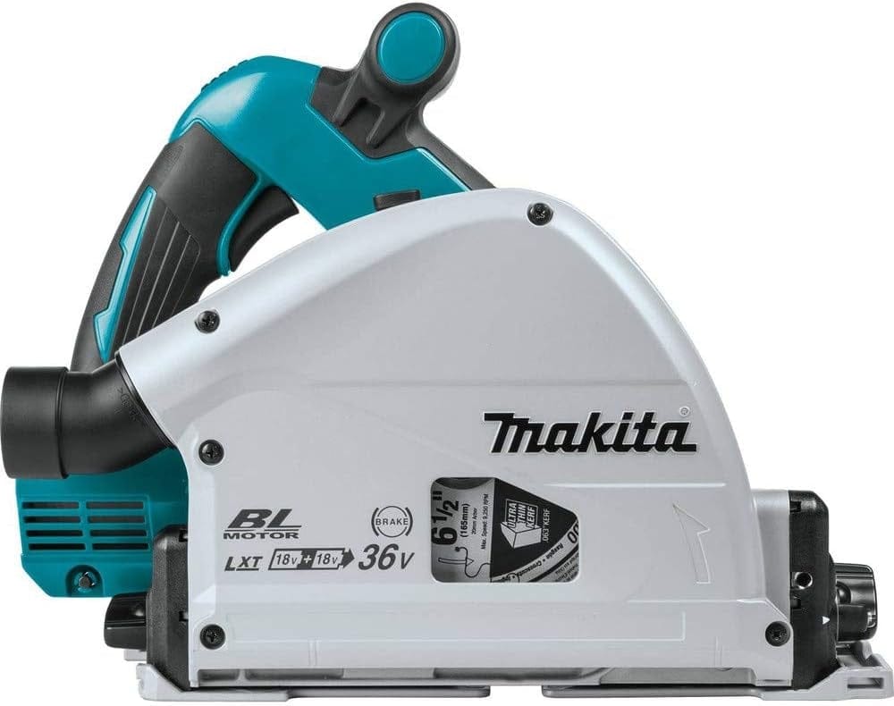 Close-up of Makita XPS01Z 36V LXT cordless plunge circular saw showing teal and black ergonomic handle, silver body casing, and labels for "BL MOTOR," "BRAKE," and "LXT 18V + 18V = 36V." Highlights brushless motor, dual battery operation, and electric brake for safety and control.