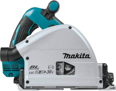 Close-up of Makita XPS01Z 36V LXT cordless plunge circular saw showing teal and black ergonomic handle, silver body casing, and labels for "BL MOTOR," "BRAKE," and "LXT 18V + 18V = 36V." Highlights brushless motor, dual battery operation, and electric brake for safety and control.