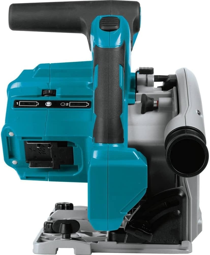 Side view of Makita XPS01Z plunge circular saw showing teal and black handle, partially enclosed blade, and rear dust extraction port. Base plate includes adjustment knobs for depth and angle. Cordless design with battery compartment visible. Ideal for precision cuts in woodworking and jobsite use.