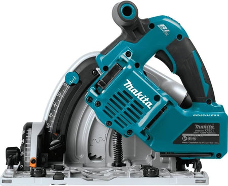 Makita XPS01Z brushless cordless plunge circular saw with visible depth gauge, bevel knob, and clear blade guard. Teal motor housing displays Makita logo and model label. Mounted on base plate for stable cutting. Designed for professional-grade wood and material cutting applications.