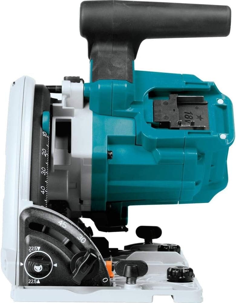 Close-up of Makita XPS01Z cordless plunge circular saw showing teal and black handle, 18V battery compartment, and bevel gauge marked 0° to 50°. Depth adjustment knob with 22.5° and 45° indicators visible. Highlights ergonomic grip and precision angle settings for woodworking and construction.