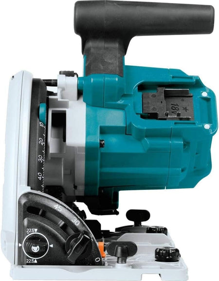 Close-up of Makita XPS01Z cordless plunge circular saw showing teal and black handle, 18V battery compartment, and bevel gauge marked 0° to 50°. Depth adjustment knob with 22.5° and 45° indicators visible. Highlights ergonomic grip and precision angle settings for woodworking and construction.