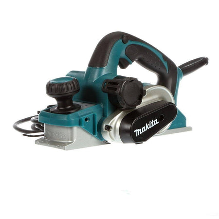 The image shows a Makita KP0810 3-1/4" Planer. It has a teal and silver body with black handles and adjustment knobs. The Makita logo is visible on the side of the motor housing.