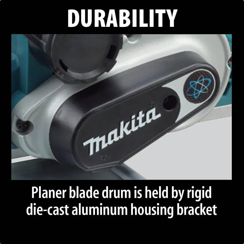 Makita planer blade drum with text highlighting durability and component details.