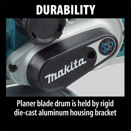 Makita planer blade drum with text highlighting durability and component details.
