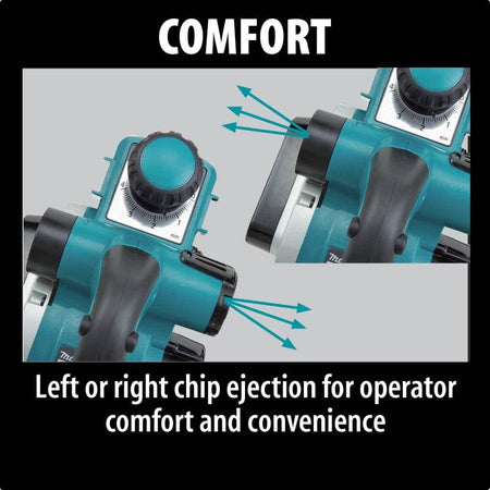 Teal woodworking planer with chip ejection options labeled, emphasizing comfort.