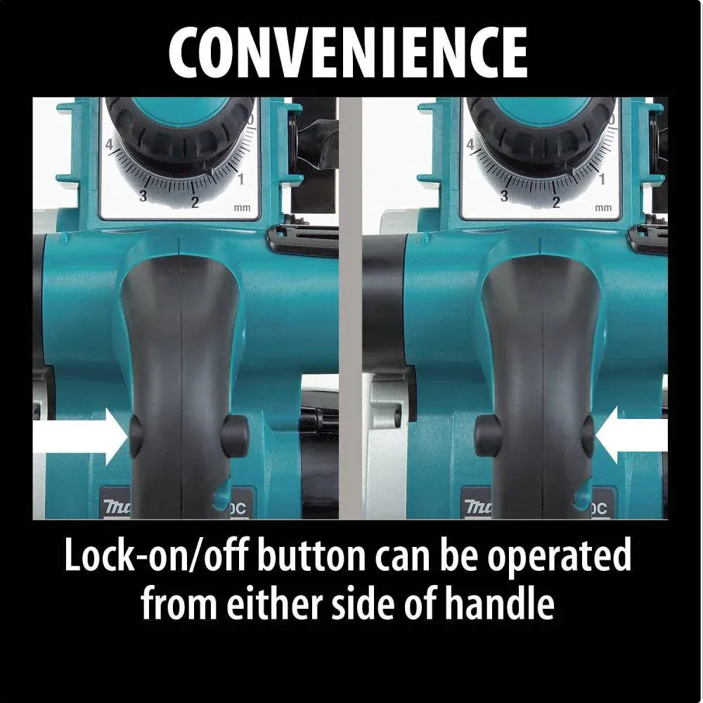 Teal machine with lock-on/off button on handle, labeled 'Convenience'.