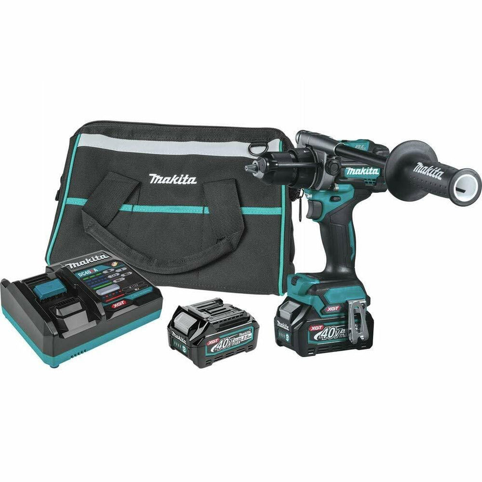 Makita GPH01D drill kit including drill, two 40V max batteries, charger, and branded carrying bag; components arranged for display.