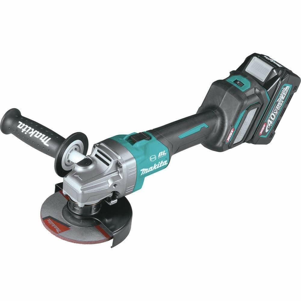Makita cordless angle grinder with side handle, grinding disc guard, and 40V Max XGT battery; labeled with BL motor and designed for cutting and grinding.