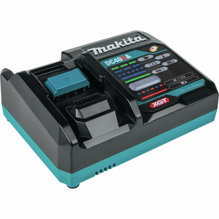 Makita DC40RA battery charger with LED indicators and cooling fan vent; compatible with 40V Max XGT lithium-ion batteries.