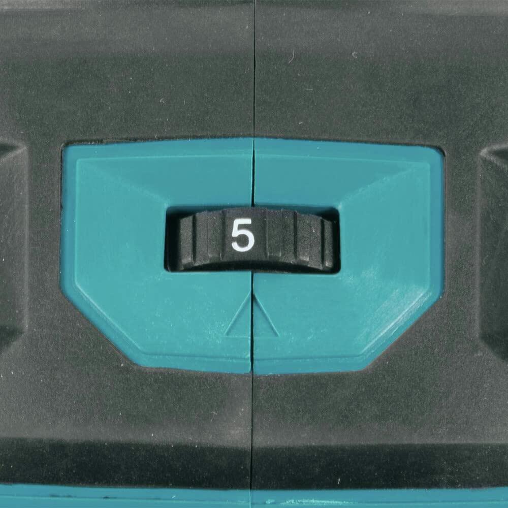 Close-up of numbered dial set to "5" on teal and black casing; recessed control knob used for adjusting tool settings such as speed or power