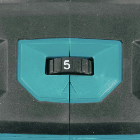 Close-up of numbered dial set to "5" on teal and black casing; recessed control knob used for adjusting tool settings such as speed or power