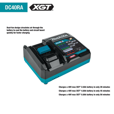 Makita DC40RA battery charger with dual-fan cooling system and labeled charge times for 2.5Ah, 4.0Ah, and 5.0Ah XGT batteries; designed for fast charging.
