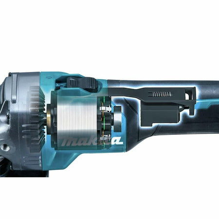 Cross-sectional view of Makita angle grinder showing internal brushless motor, gear assembly, and electronic components; highlights advanced engineering.