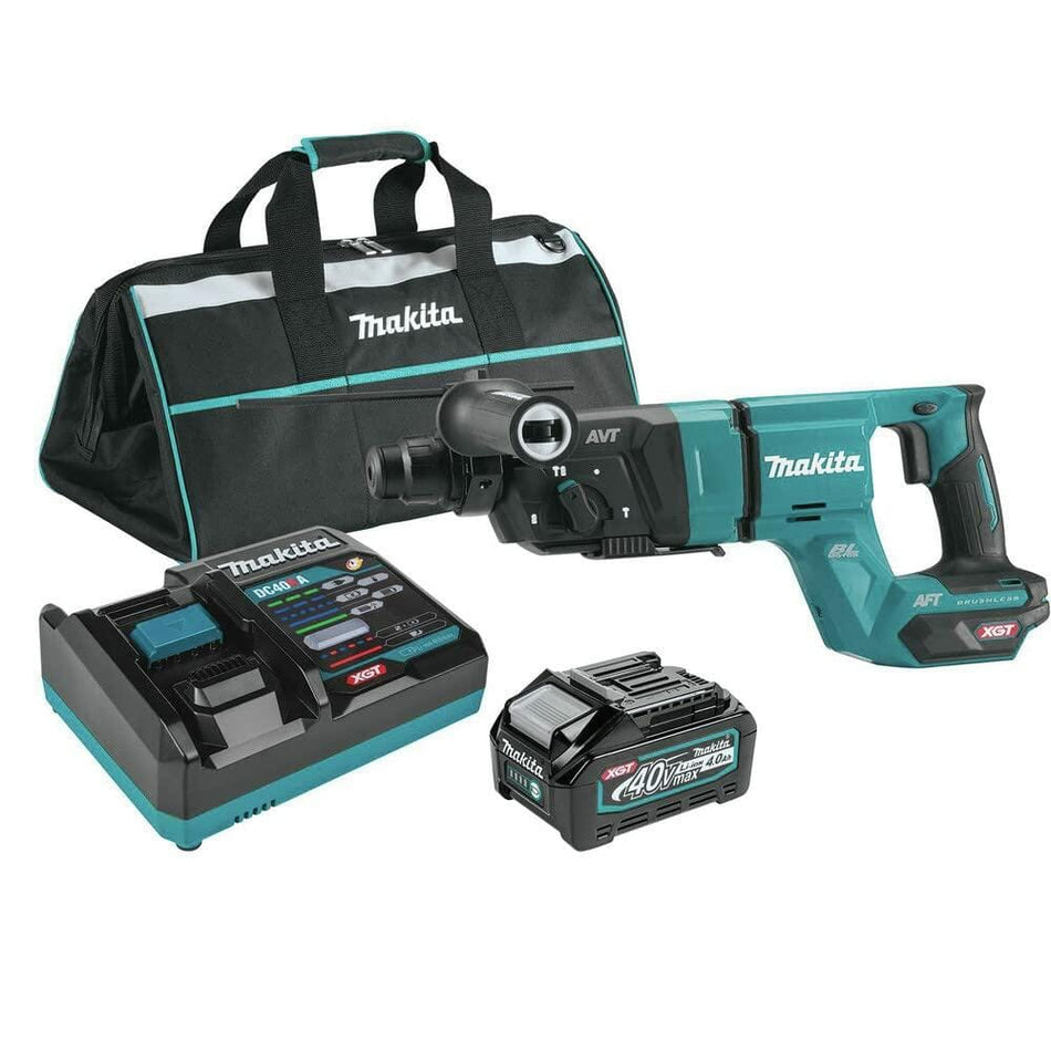 Makita GRH07M1 rotary hammer kit including drill, 40V Max battery, charger, and branded carrying bag; tool labeled with AVT and BL Motor features.
