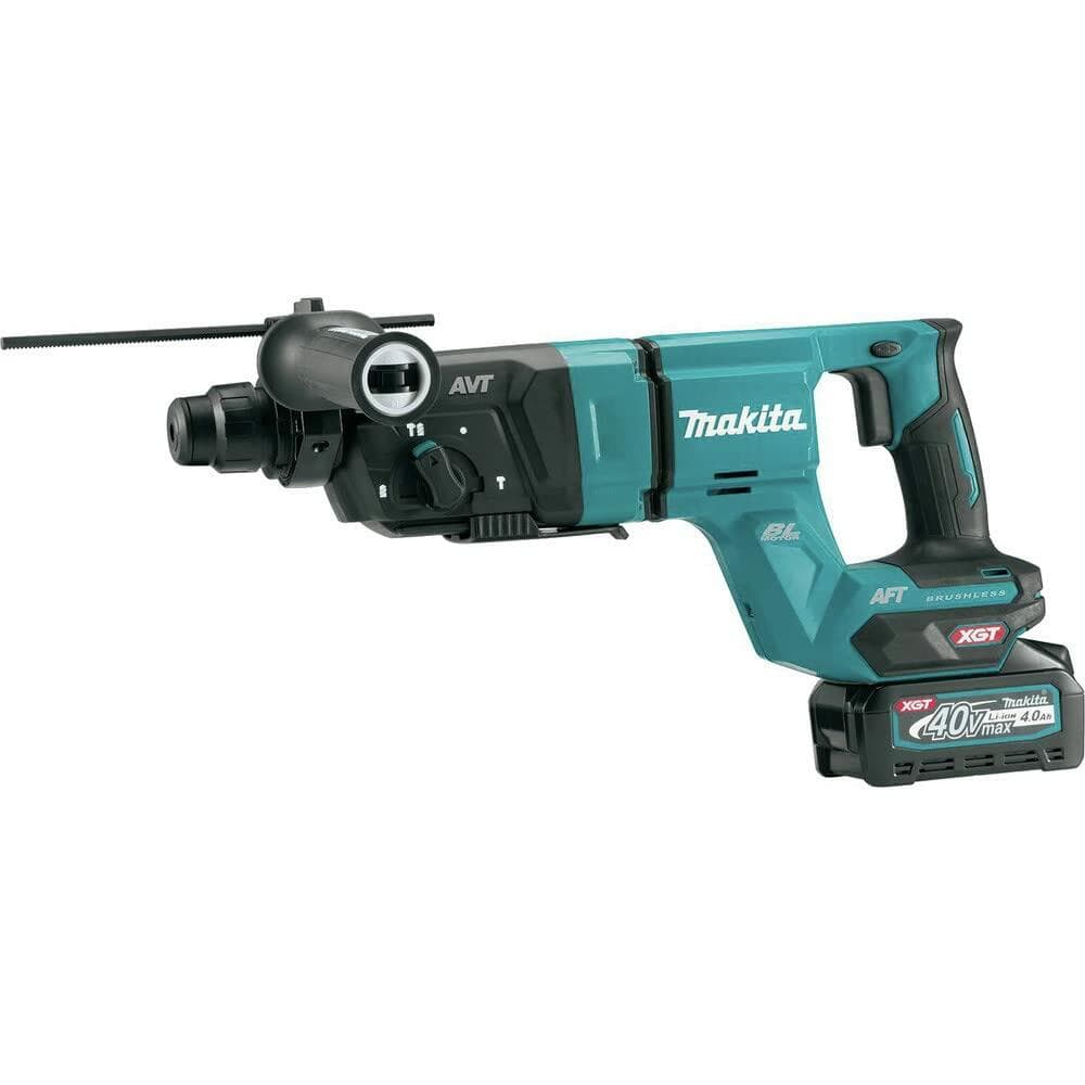 Makita XGT rotary hammer drill with side handle and depth gauge; labeled with AVT, AFT, BL Motor, and 40V Max battery for heavy-duty concrete drilling.