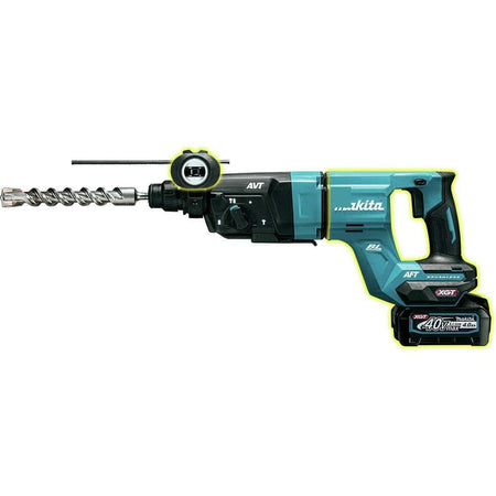 Makita GRH07M1 rotary hammer drill with side handle, depth gauge, and large drill bit attached; labeled with AVT, BL Motor, XGT, and 40V Max 4.0Ah battery.