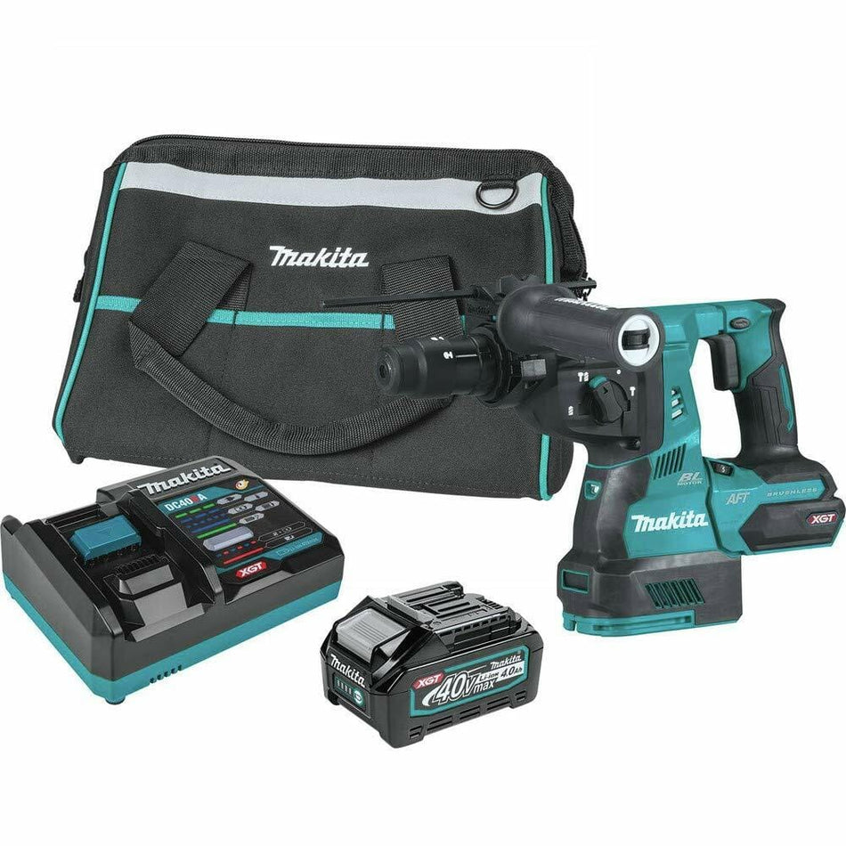 Makita GRH02M1 rotary hammer kit including drill, 40V Max XGT battery, charger, and branded carrying bag; components arranged for display.