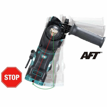 Makita rotary tool shown in motion with directional arrows and STOP sign; side handle visible, illustrating AFT safety feature to prevent kickback.