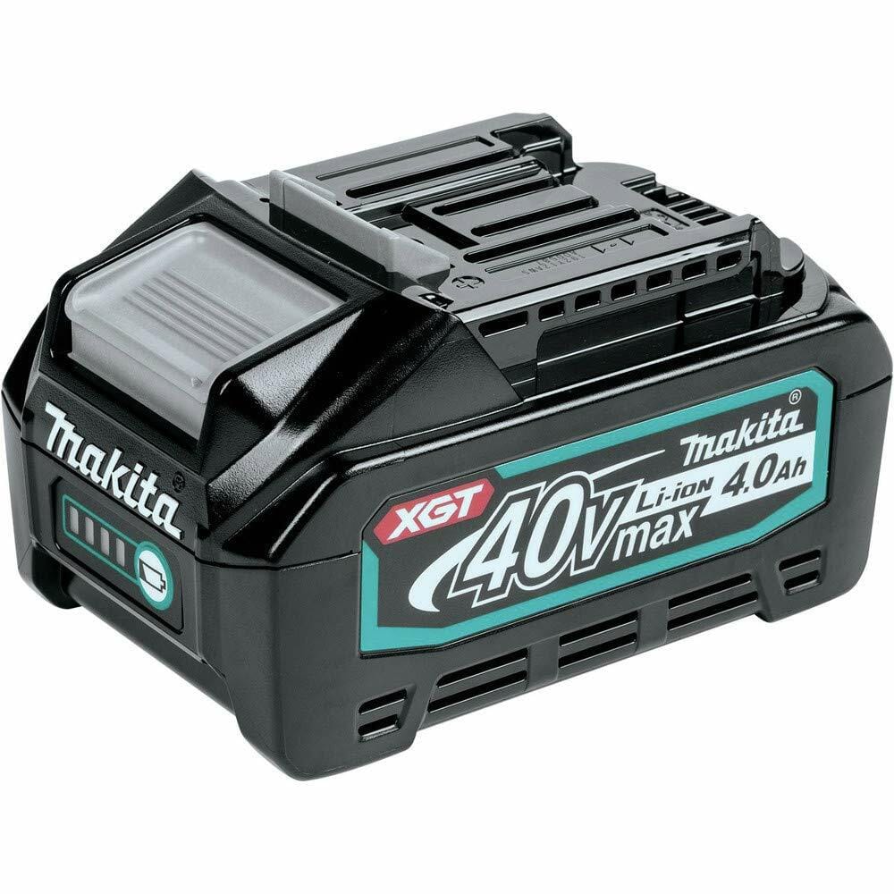 Makita 40V Max XGT 4.0Ah lithium-ion battery pack; black casing with teal branding, release latch and terminals visible for tool compatibility.