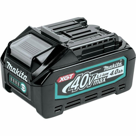 Makita 40V Max XGT 4.0Ah lithium-ion battery pack; black casing with teal branding, release latch and terminals visible for tool compatibility.