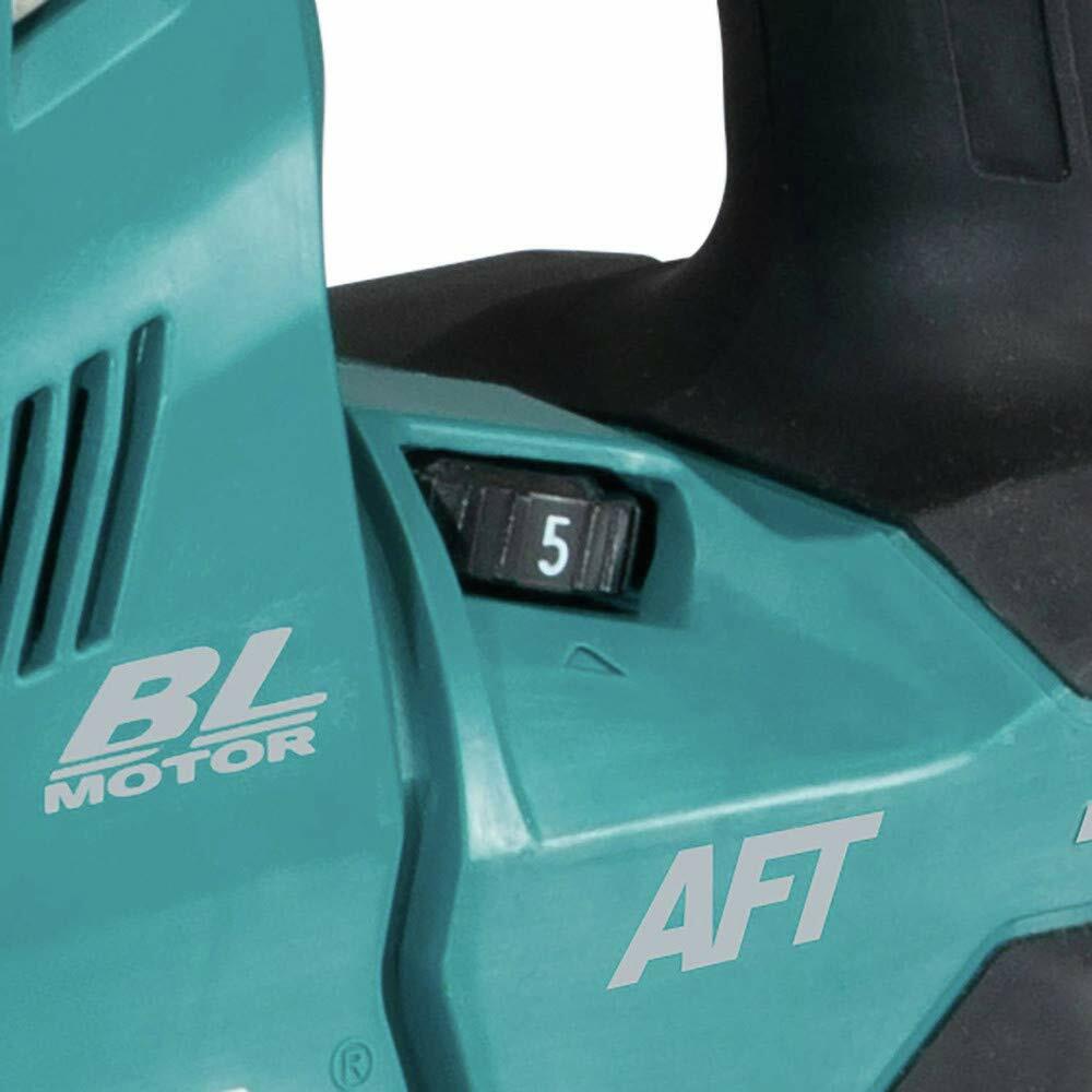 Makita rotary hammer body showing BL Motor and AFT labels; numbered dial set to 5 for speed or power adjustment, teal casing with textured grip.