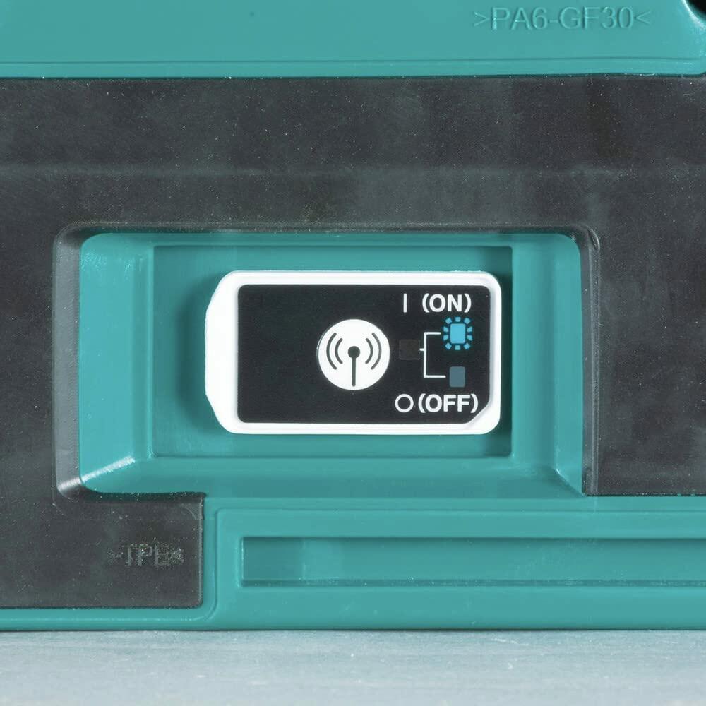 Detail of Makita tool control panel showing wireless activation button and ON/OFF switch; casing labeled with material specs PA6-GF30 and PP.