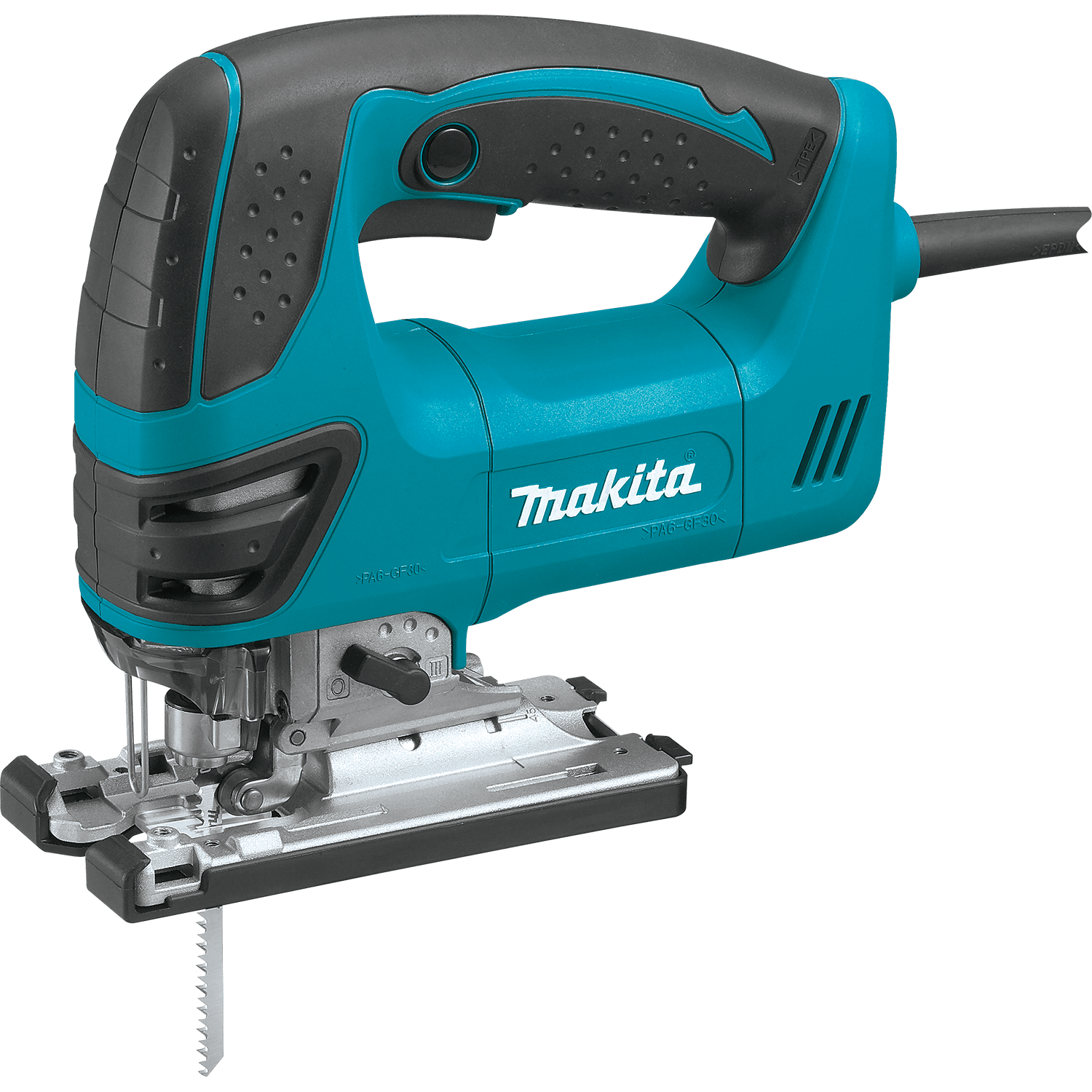 Full product shot of the Makita variable speed orbital jig saw with all included accessories and the durable plastic hard case for secure storage and professional tool protection.