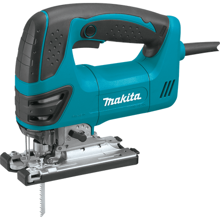 Full product shot of the Makita variable speed orbital jig saw with all included accessories and the durable plastic hard case for secure storage and professional tool protection.