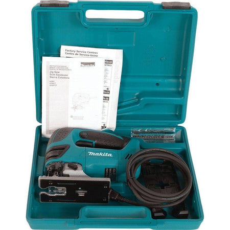 High-angle view of the Makita corded jig saw showcasing the die-cast aluminum base and the orbital action adjustment lever for optimized cutting through wood, steel, and aluminum.