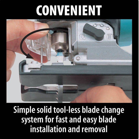 Underside view of the Makita 4350FCT jig saw displaying the precision metal base plate, anti-splintering insert, and the variable speed control dial located at the rear of the tool.