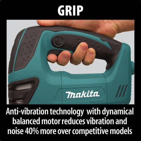 Close-up side view of the Makita jig saw with a T-shank blade installed, emphasizing the orbital setting dial and the clear plastic dust shield for improved line-of-sight accuracy.