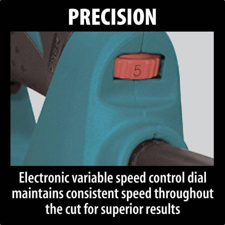 Isolated view of the Makita 4350FCT jig saw kit components including the top handle saw, various specialized cutting blades, anti-splintering insert, and protective base cover plate.