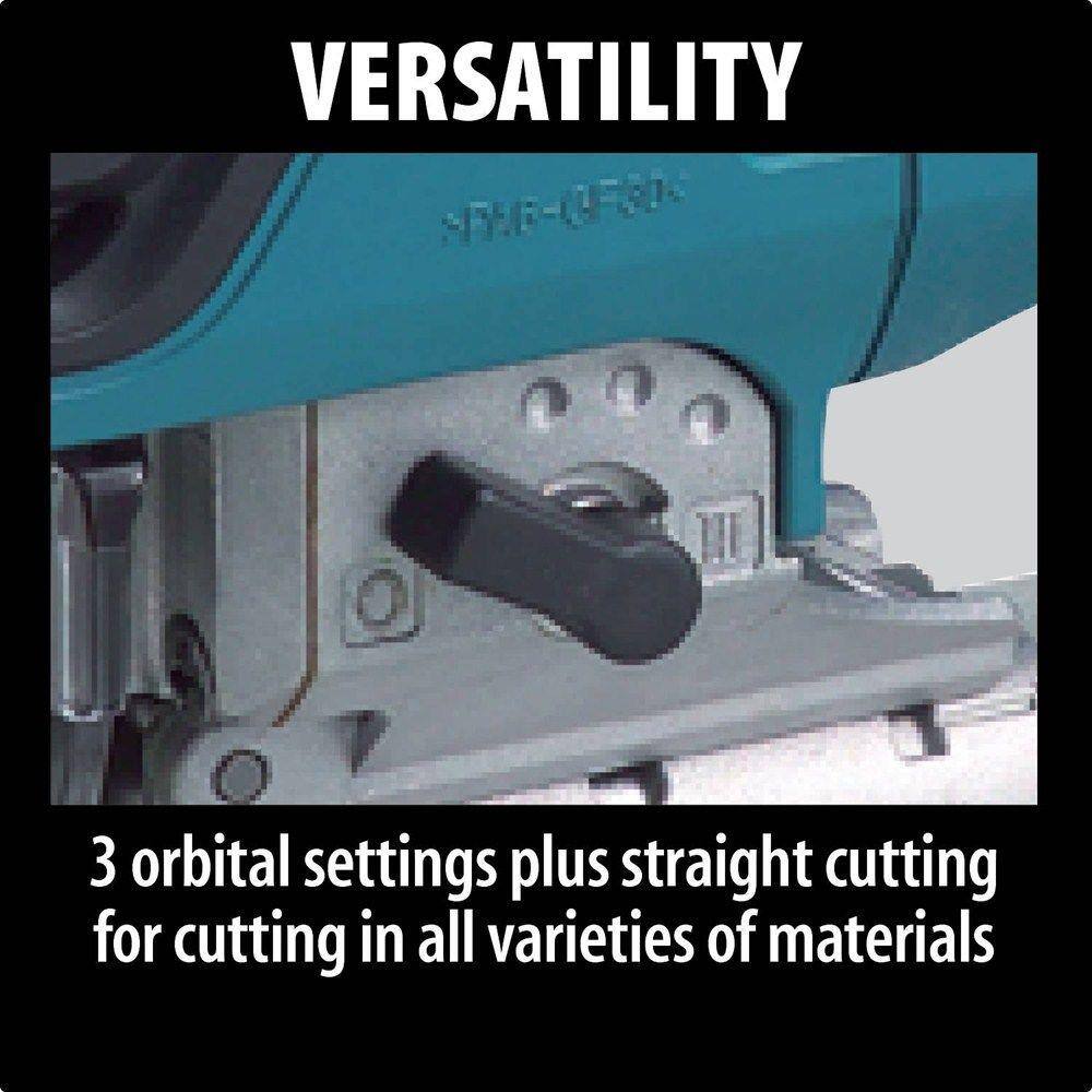 Top-down view of the Makita corded power saw highlighting the large trigger switch and the ergonomic handle design for maximum control during intricate scrollwork or rip cuts.