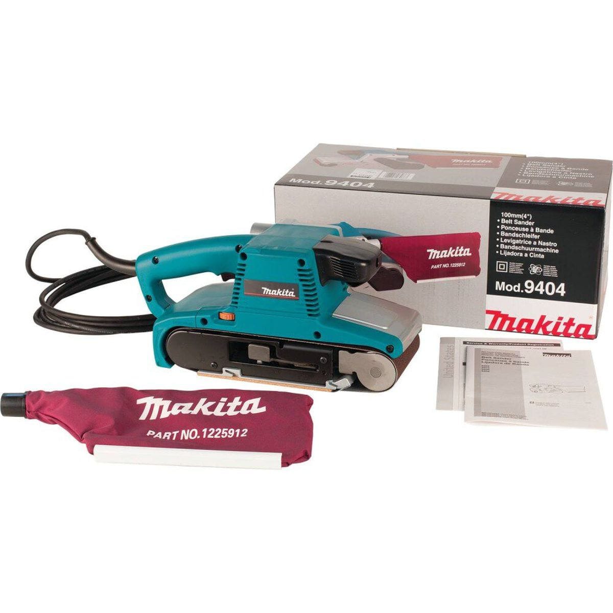 Makita belt sander with accessories on a white background