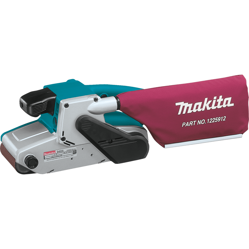 Makita belt sander with a red dust bag on a white background