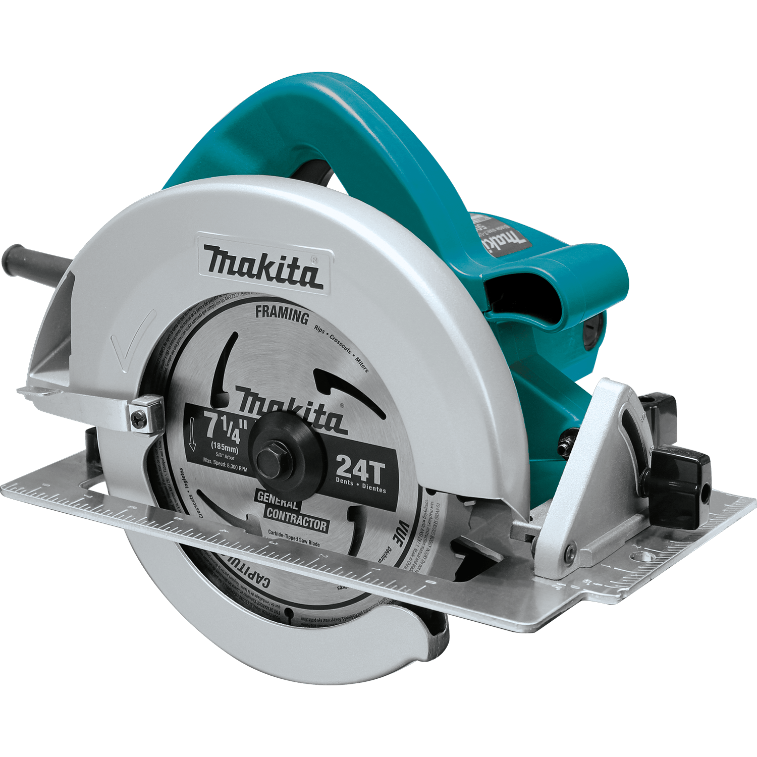 Isolated view of the Makita 5007FA 7-1/4 inch circular saw featuring a teal motor housing, silver blade guard, and heavy gauge aluminum base.