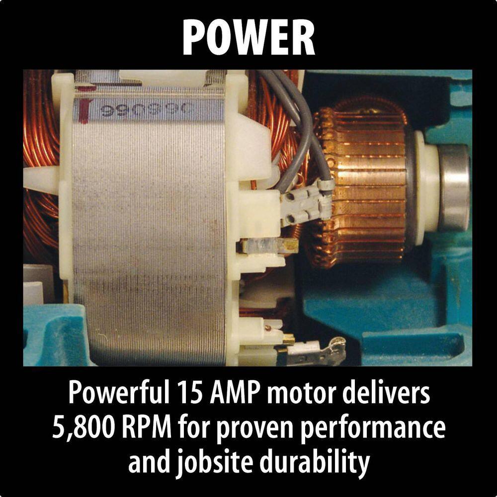 Cutaway view of the powerful 15 AMP motor on the Makita 5007FA circular saw, designed for 5,800 RPM and superior jobsite durability.