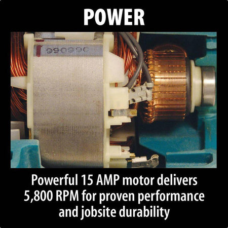 Cutaway view of the powerful 15 AMP motor on the Makita 5007FA circular saw, designed for 5,800 RPM and superior jobsite durability.
